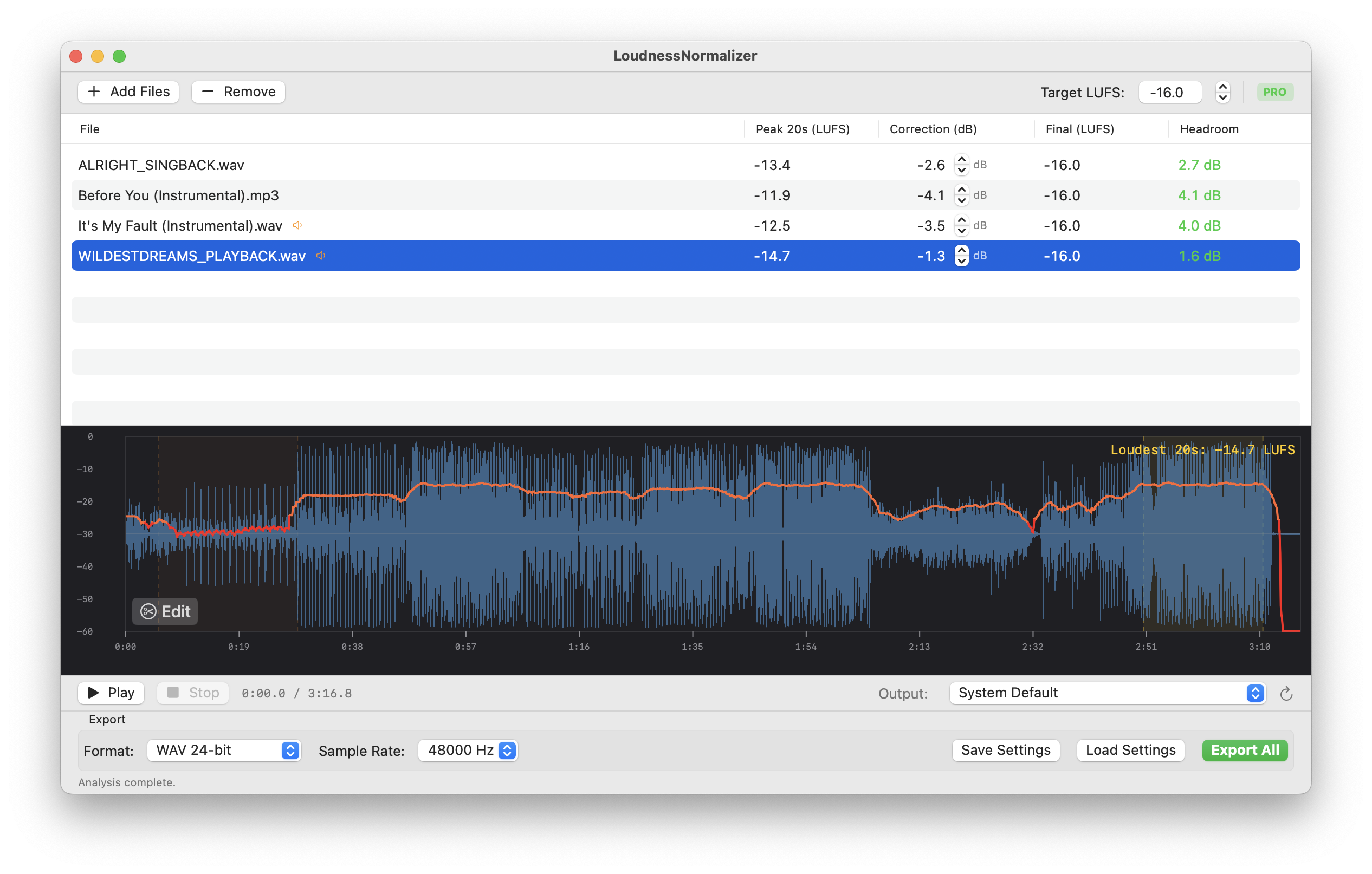 LoudnessNormalizer app — batch loudness normalization with waveform view